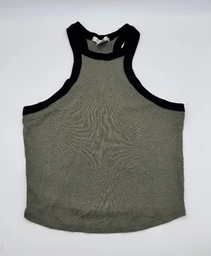 Bozzolo Ribbed Halter Tank Top Olive Green Black Contrast Trim Crop Sleeveless Top Sz S thumbnail 1