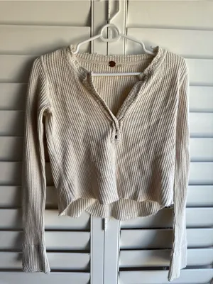 Free People Waffle-Knit Henley Long Sleeve Top in Cream sz XS thumbnail 2