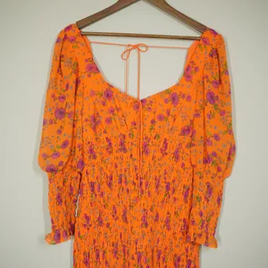 For Love & Lemons Orange Floral Smocked Mini Dress Long Puff Sleeve Sweetheart thumbnail 3