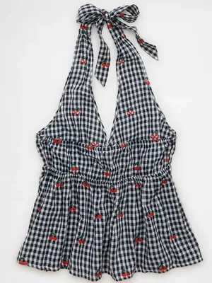 American Eagle Cherry Gingham Halter Peplum Top XS Embroidered Babydoll Y2K thumbnail 5