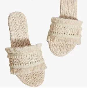 Fringe Straw Boho Sandals Open Toe Slides White Size 6 thumbnail 1