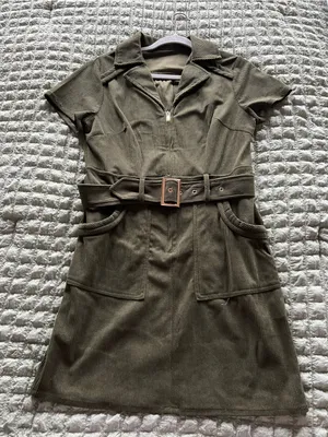 Amazon Olive Green Short Sleeve Belted Knit Dress with Zip thumbnail 1