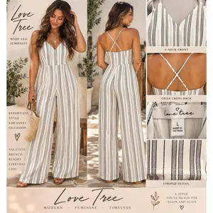 Love Tree Womens Wide Leg Jumpsuit White Black Striped Criss Cross Back Large thumbnail 2
