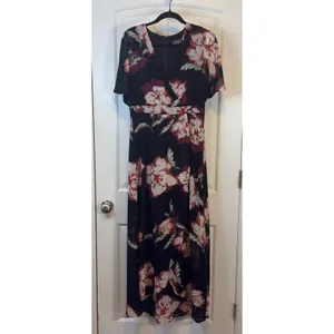 Luxology Women Black Floral Wrap Maxi‎ Dress Flutter Sleeve High Low Hem Wedding thumbnail 2