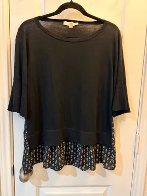 LOFT Black Mixed Media Tunic Top Large Bell Sleeve Printed Flowy Blouse thumbnail 1