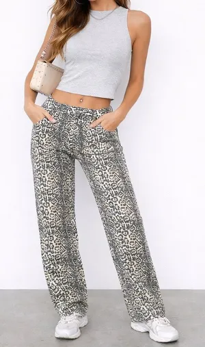 Y2K Leopard Print Straight Leg Jeans Streetwear Grunge Indie Sleaze Size M 30 thumbnail 1