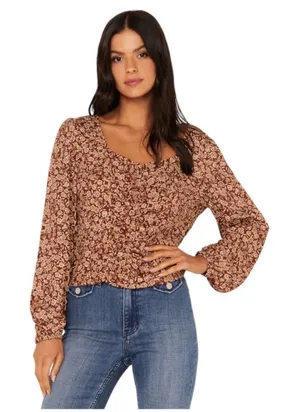 IDYLLWIND BY MIRANDA LAMBERT Brown Tan Floral Print Ruched Long Sleeve Top S thumbnail 1