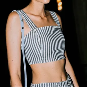 NWT Zara Striped Denim Crop Top in‎ Blue White Size Extra Small thumbnail 1