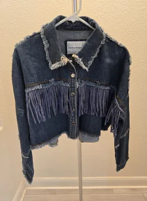 Garage The Style Between Us Denim Jacket M Blue Fringe Rhinestone Cropped Distressed thumbnail 1