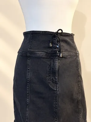 Free People Size 8 Black Denim Corset Lace Up High Waist Mini Skirt thumbnail 3