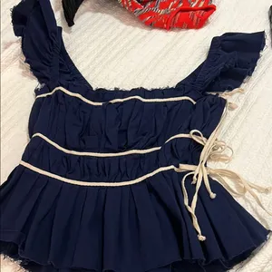 Navy Blue Smocked Ruffled Open Side tie Top thumbnail 1