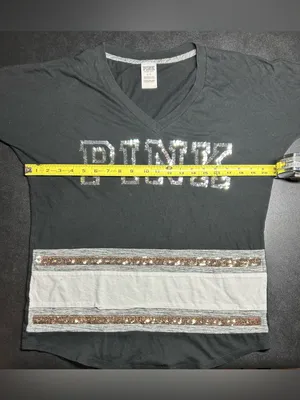 PINK Size S Bling V-Neck Vintage Long Sleeve Varsity Tee thumbnail 3