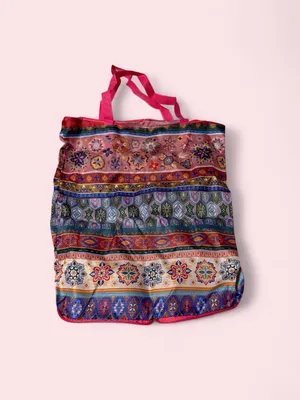 Evergreen Embroidered Pattern Raspberry Reusable Tote with storage Pouch Red thumbnail 3