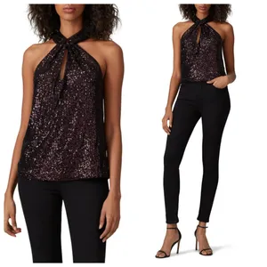 Parker Dallas Sleeveless Twist Halter Lined Burgundy Sequined Top Size Medium thumbnail 8