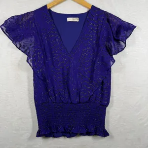 Ramy‎ Brook Purple Silk Metallic Flutter Sleeve Smocked Waist Blouse XS thumbnail 1