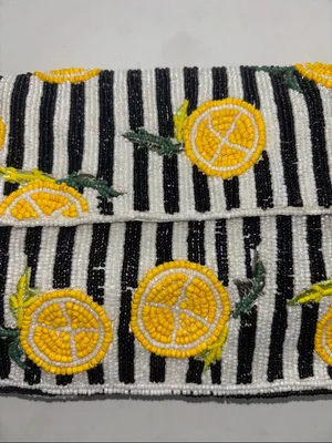 Black And White Stripe Beaded Bag With Lemon Design Double Snap Closure Nwts thumbnail 2