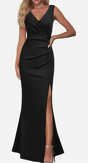 Black V-Neck Sleeveless Maxi Dress with Side Slit thumbnail 1