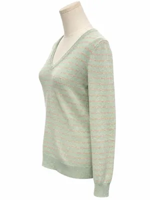 Lord & Taylor 100% Cashmere Striped V-Neck Sweater Mint Size Medium thumbnail 2