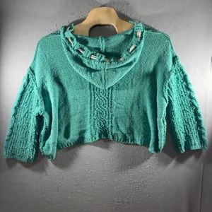 3281 | POL YST410 Chenille Cable Knit Hoodie Sweater Turquoise Boho Women L thumbnail 4
