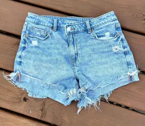 American Eagle Jean Shorts Mom Crossover Waist Blue Distressed Denim Stretch 4 thumbnail 1