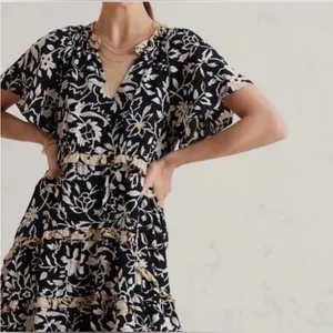 Anthropologie Black Floral Mini Dress with Beige Trim thumbnail 3