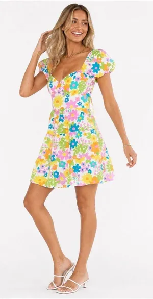 Show Me Your Mumu Cathy Floral Mini Dress Multicolor S Puff Sleeve Open Back thumbnail 1