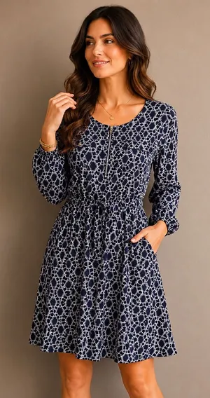 Perseption Concepts‎ Navy Geometic Patterned Dress 3/4 Sleeve XL thumbnail 1