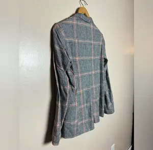 CLEARANCE! Gray Bershka Plaid Long Linen Blend Blazer Size S EUC thumbnail 4