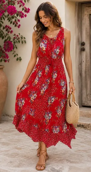 Bila Red Floral Boho Maxi Dress Hankerchief Hem Cottagecore Festival Flowy L thumbnail 1