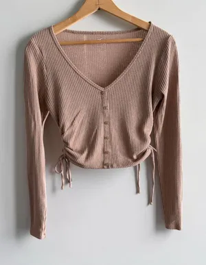 Hollister Must-Have Collection Ribbed Long Sleeve Cinched Side Baby Tee Mauve M thumbnail 1