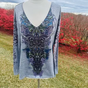 Live & Let Live Blue & Purple Printed Embellished Long Sleeve Top Women's thumbnail 3