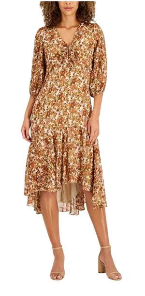 Taylor Floral High-Low Midi Dress‎ 8 Brown Gold Metallic Boho Puff Sleeve thumbnail 1