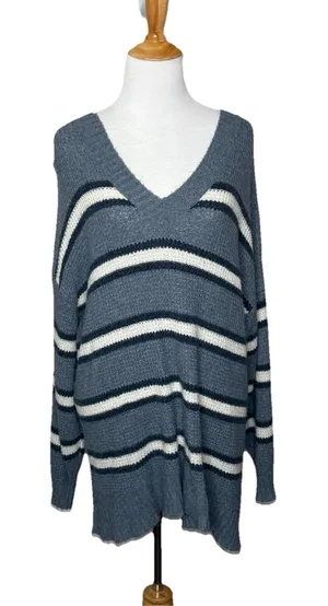 American Eagle Oversized V Neck Striped Sweater Blue White Womens Size Medium thumbnail 1
