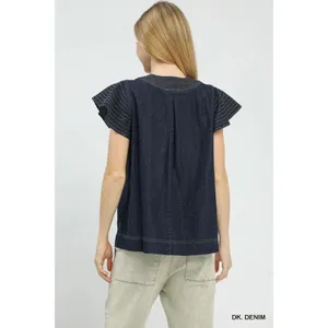Umgee Cap Sleeve Denim Top - Dk. Denim - Small thumbnail 3