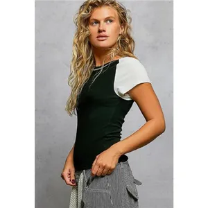 POL Round Neck Outseam Detail T-Shirt‎ with Contrast Color Sleeves thumbnail 3