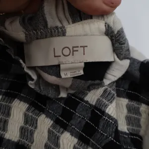 LOFT Black White Buffalo Plaid Smocked Ruffle Neck Blouse Top Medium thumbnail 2