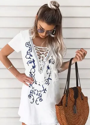 Lulus Down in Kokomo White Lace Up V Neck Dress Size Small thumbnail 1