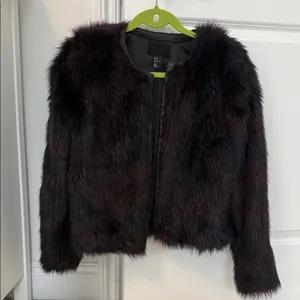 H&M Faux Fur Burgundy + Navy Toned Faux Leather Trim Coat thumbnail 1