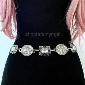 Silver Y2K Crystal Concho Medallion Chain Belt, Fits 24 to 46 Inches, X7GA1316 thumbnail 2