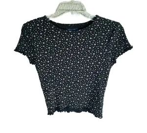 American Eagle Floral Black Ribbed Crop Top 90s grunge Soft girl Y2K Indie Sz S thumbnail 1