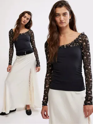 Free People Dainty Coquette Scoop Neck Josie Long Lace Sleeve Top Black Large thumbnail 2