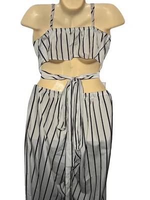 SHEIN White & Black Striped Two-Piece Wide-Leg Jumpsuit Set thumbnail 6