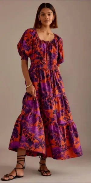 Anthropologie The Somerset Puff-Sleeve‎ Maxi Dress Floral Orange Purple Small thumbnail 1