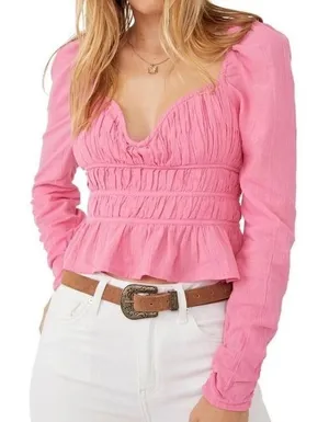 Free People Blouse Women M Pink Smocked Puff Sleeve Boho Top Festival Barbiecore thumbnail 1