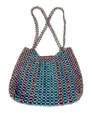 Vintage 80’s Wooden Beaded Purse Turquoise & Natural Wood Handbag Boho thumbnail 1