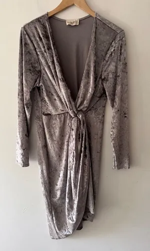 Club L London Silver Gray Velvet Shimmery Wrap Knot Mini Dress‎ Long Sleeves thumbnail 1