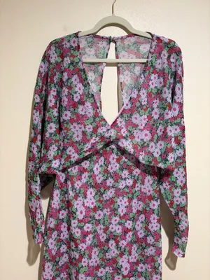 ASOS Design V Neck Batwing Floral Midi Dress Long Sleeve thumbnail 4