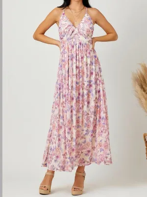 Mystree Cream Floral Mesh Maxi Dress Criss Cross Back Polyester Blend Sz L NWT thumbnail 2