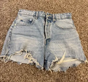 Zara Light Blue Washed Distressed Denim Shorts thumbnail 1