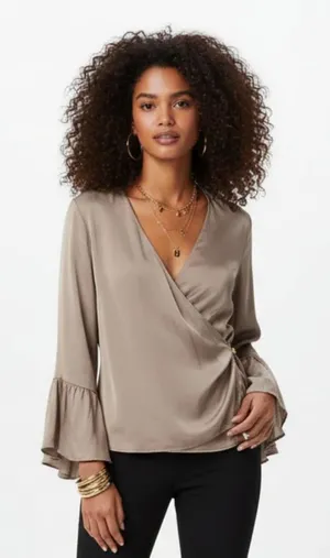 Zara Brown Taupe Long Bell Sleeve Drape Wrap Blouse Top NEW XL thumbnail 1